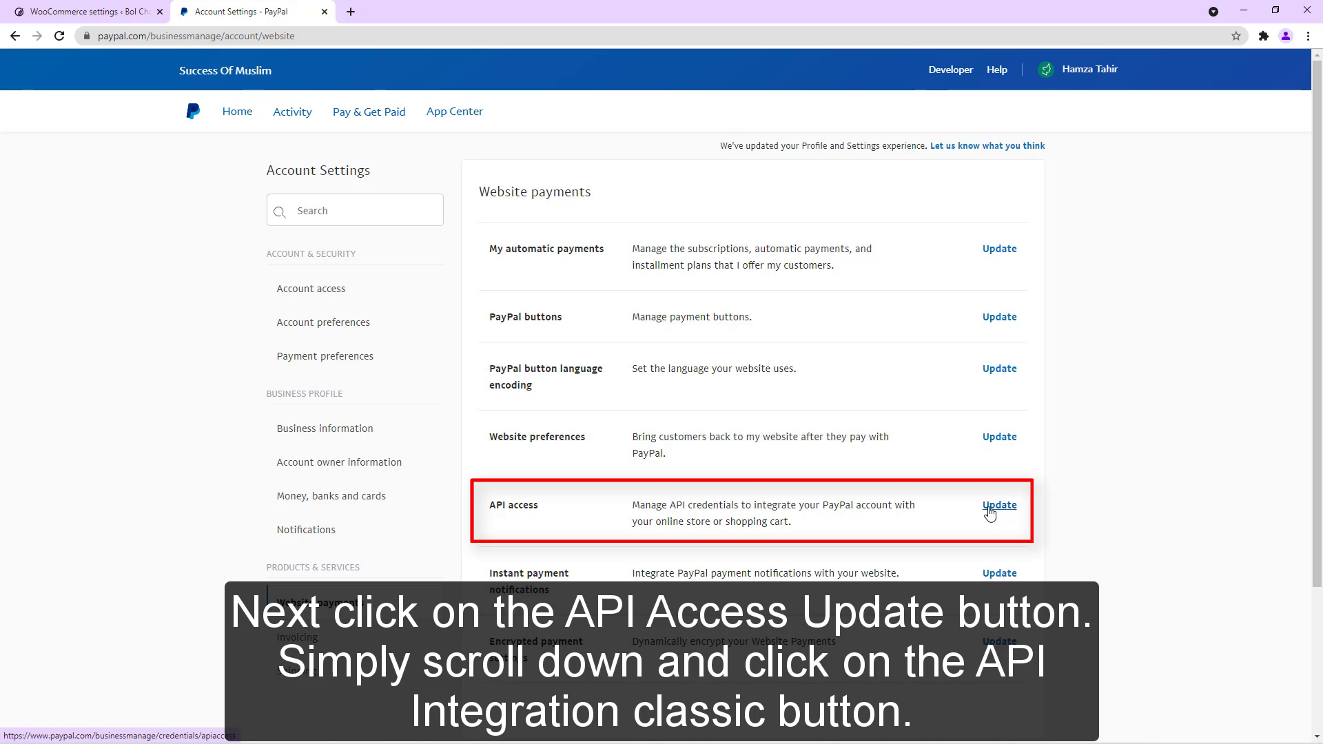Siguiente, haga clic en el botón Actualizar API Access